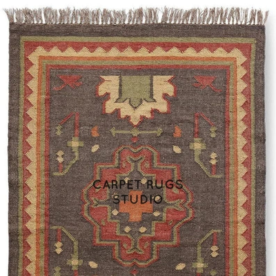 Handmade Wool & Jute Kilim Dhurrie Rug, Indian Kilim Rugs, 4X6 Feet Kilim, Flatweave Wool Jute Rug