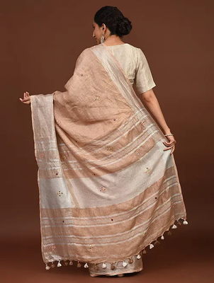 Women Handcrfted Fawn Linen Saree