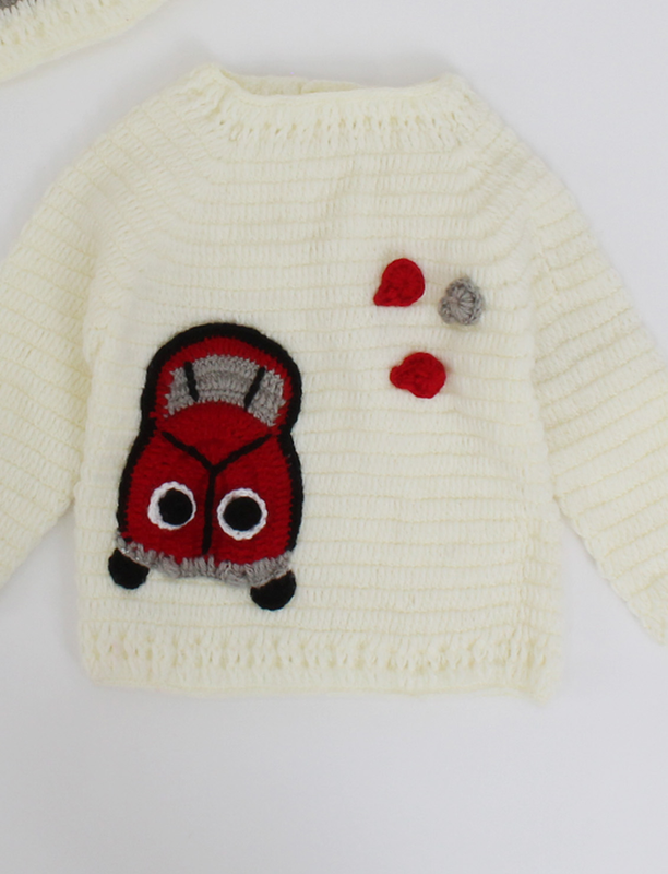 Woonie Crochet Pullover with Car Applique and Matching Cap- Cream